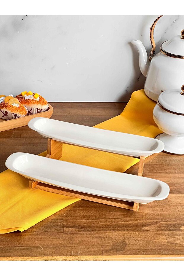 Bambu Standlı Oval 2 Katlı Servis Sunum Seti 3 Parça - 1