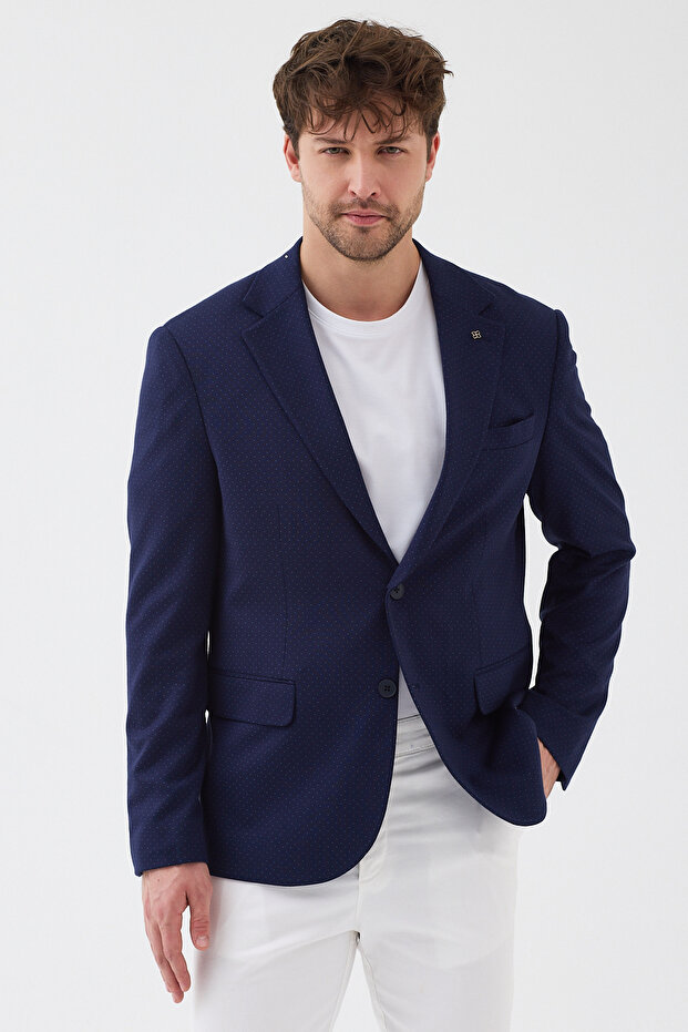 Egisto Men's Navy Blue Flexible Stretch Fabric Cotton Blended Slim Fit Spring-Summer Sports Blazer Jacket