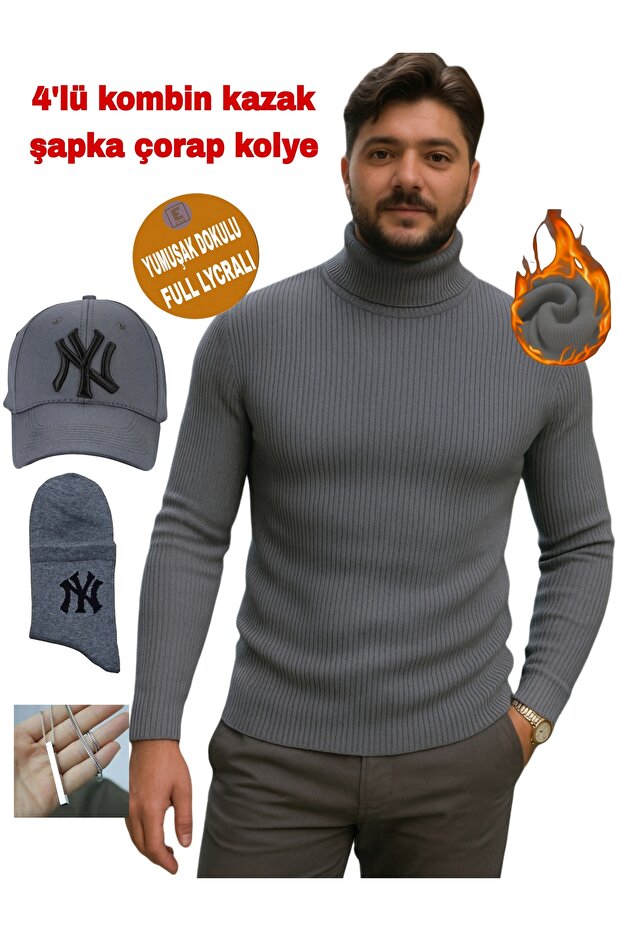 4-Piece Combination Men's Turtleneck High-Neck Sweater Ny Hat Ny Socks and Necklace