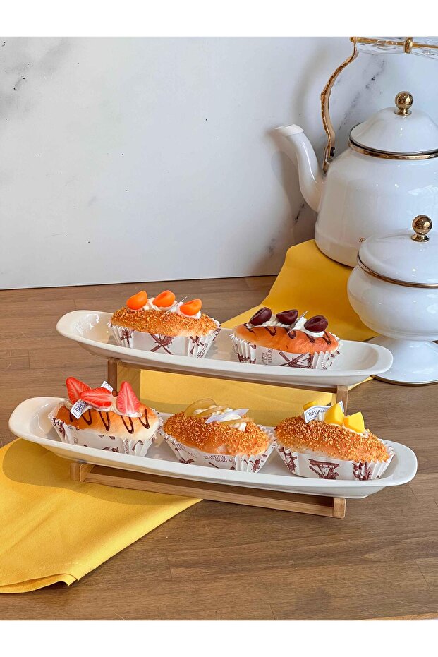 Bambu Standlı Oval 2 Katlı Servis Sunum Seti 3 Parça - 2