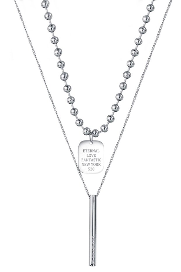 2 Pendants Long Chain Women's Men's Steel Necklace Eh52