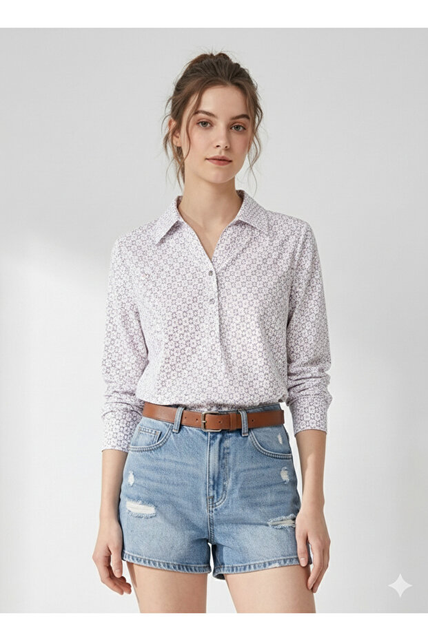 Women's Model Comfortable Cut Buttoned Long Sleeve Shirt