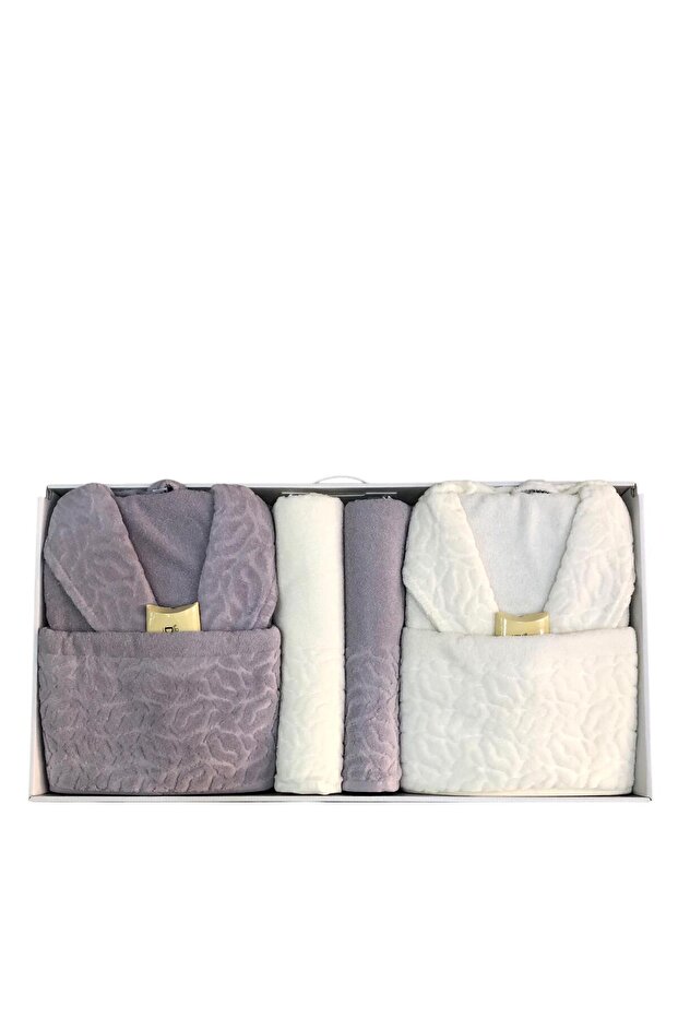 Durul Antique Partial Velvet Cotton 8 Piece Family Bathrobe Set