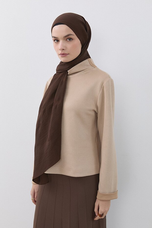 Dik Yaka Basic Cupra Süet Bluz Bej - 1