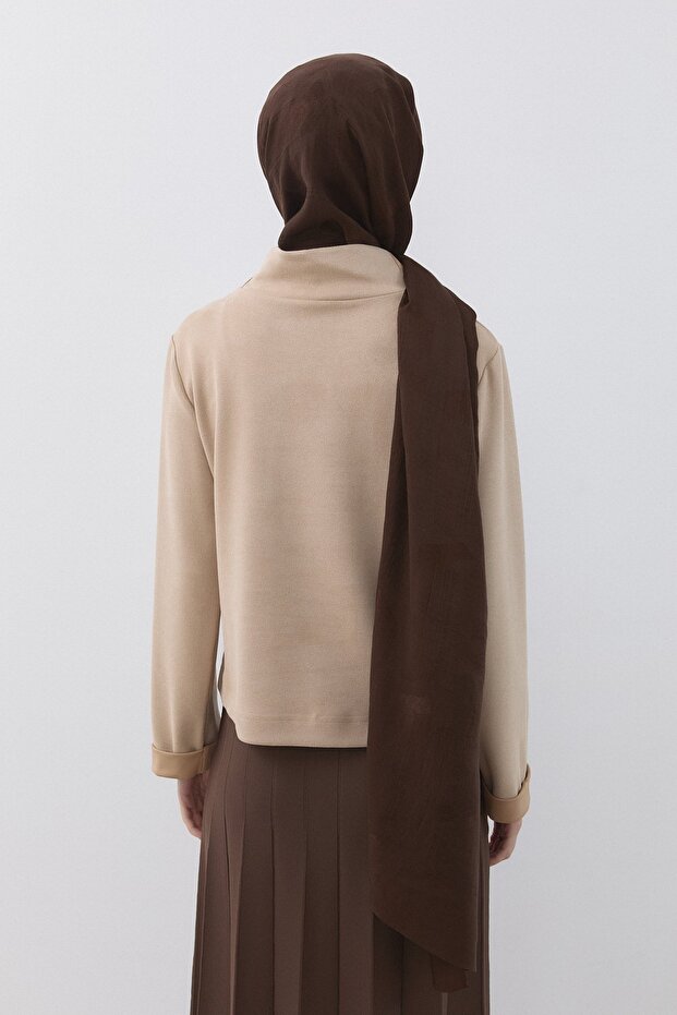 Dik Yaka Basic Cupra Süet Bluz Bej - 4