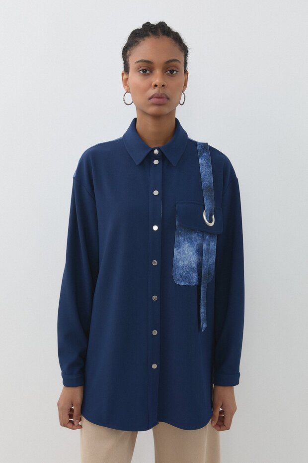 Kuşgözü Detaylı Örme Tunik Lacivert - 1