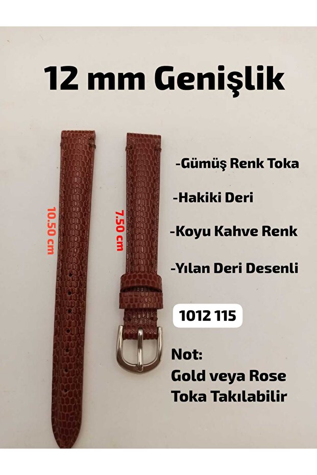 12 mm Compatible Watch Band - Genuine Leather Dark Brown Color Snake Pattern Model, Silver Color Buckle, , (Second Item in the Cart Is 100 Tl.)
