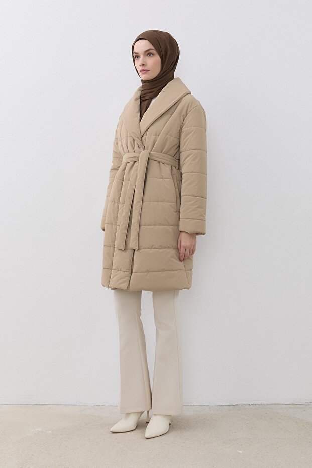 Shawl Collar Quilted Coat Beige