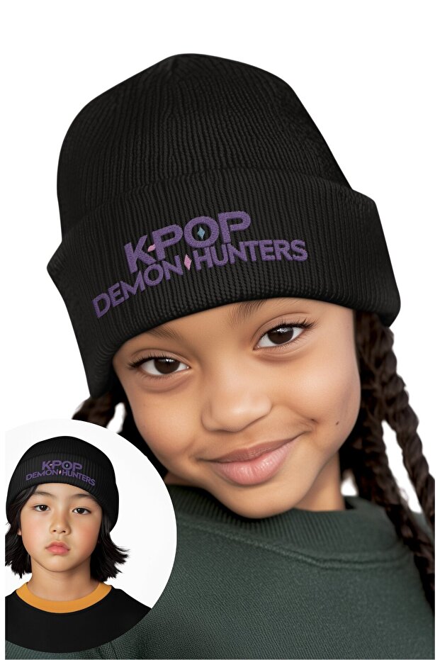 Kpop Demon Hunters Written Outdoor Foldable Beanie, Huntrix Printed Ribbed Knit Winter Hat