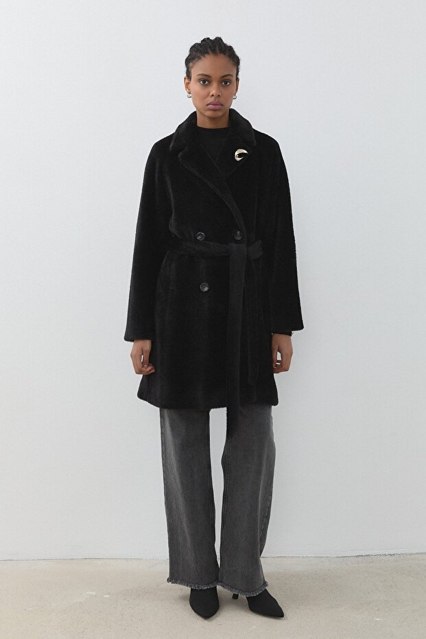Double-Breasted Angora Coat Black