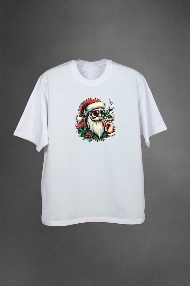 100% Cotton New Year's Concept Santa Claus Design Printed Men's Oversized T-Shirt
