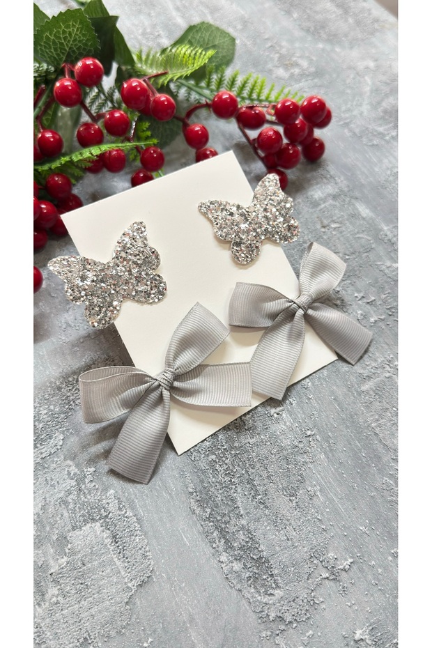 Cleo Hair Clip Set (Ribbon Bow Glitter Butterfly 3.2 Metal Clip)