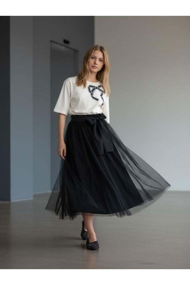 Girl's Long Tulle Skirt with Side Stripe Design