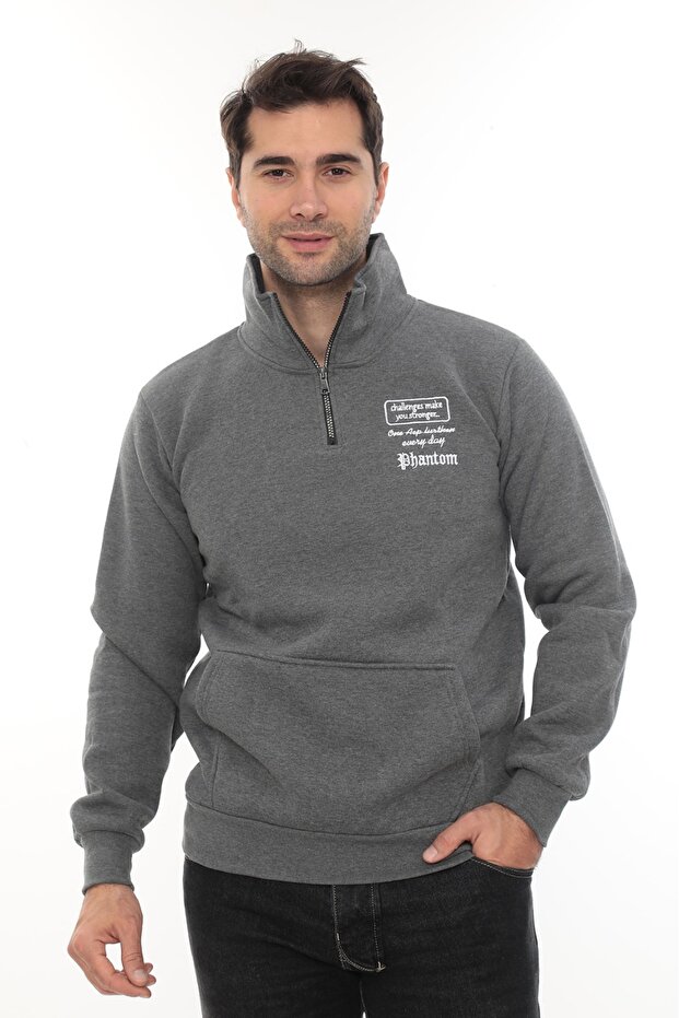 Men's Dark Gray Fleece-Lined Half-Zip Stand Collar Cotton Sweatshirt