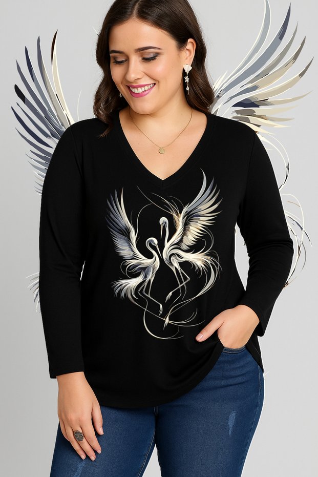 Storks Printed V-Neck Long-Sleeved Blouse with a Wide Skirt