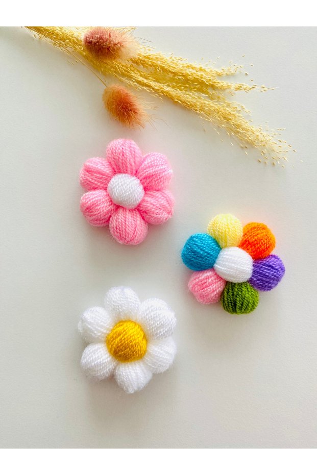 3-Piece Pink, White and Colorful Knitted Daisy Flower Patterned Clip-On, Hairless, Newborn Baby Hairpin
