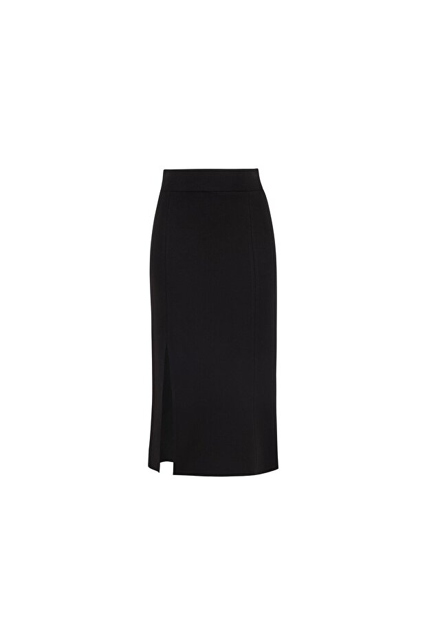 Yırtmaçlı Örme Etek Siyah - 1