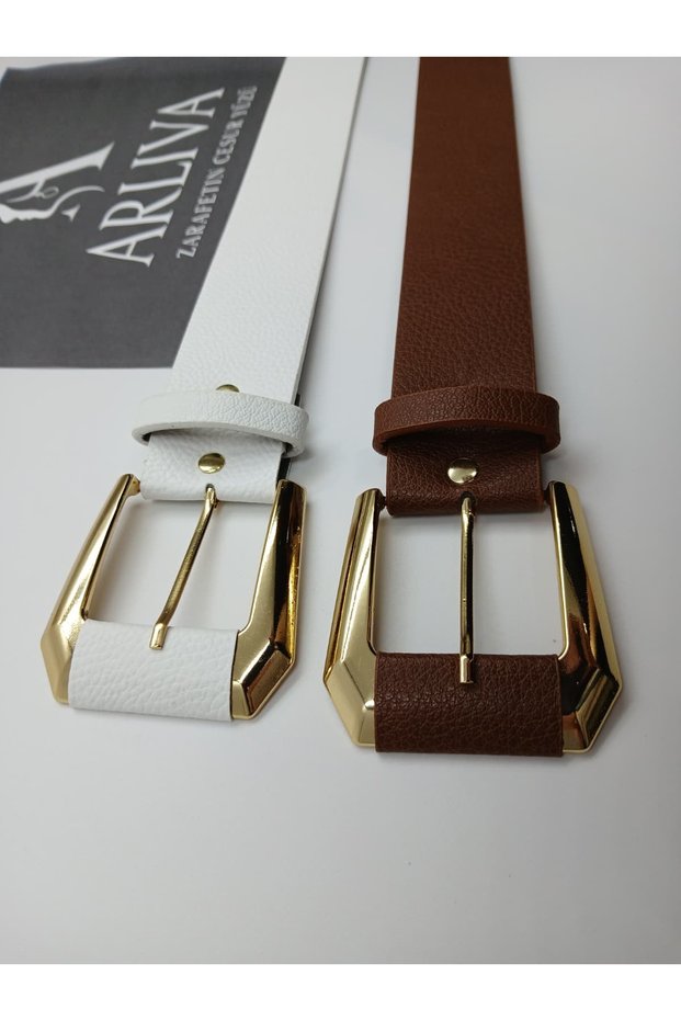 Retro Leather Detailed 4cm Gold Buckle Women's Trouser Belt, Dress Belt, Skirt Belt