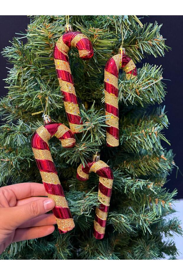 4-Piece Candy Cane Christmas Ornament | Red Gold Glittering Walking Stick Pine Tree Ornament