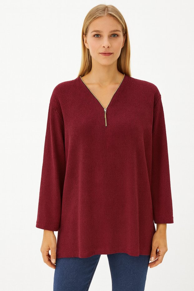 Women's Clothing Long-Sleeved Winter Zipper Detailed Stylish Blouse Mother Combed Cotton