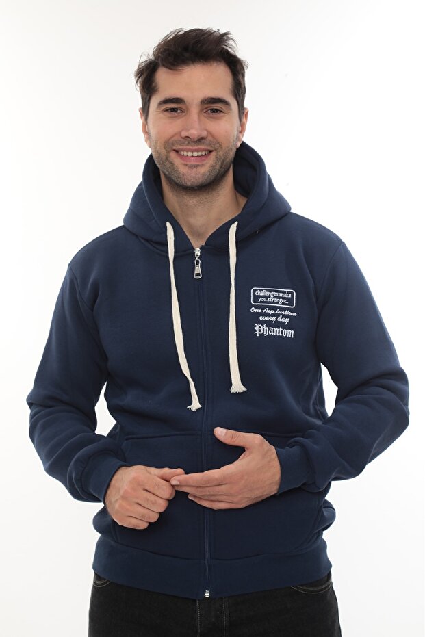 Men's Navy Blue Full Zippered K Hooded Cotton Sweatshirt with Fleece Inside