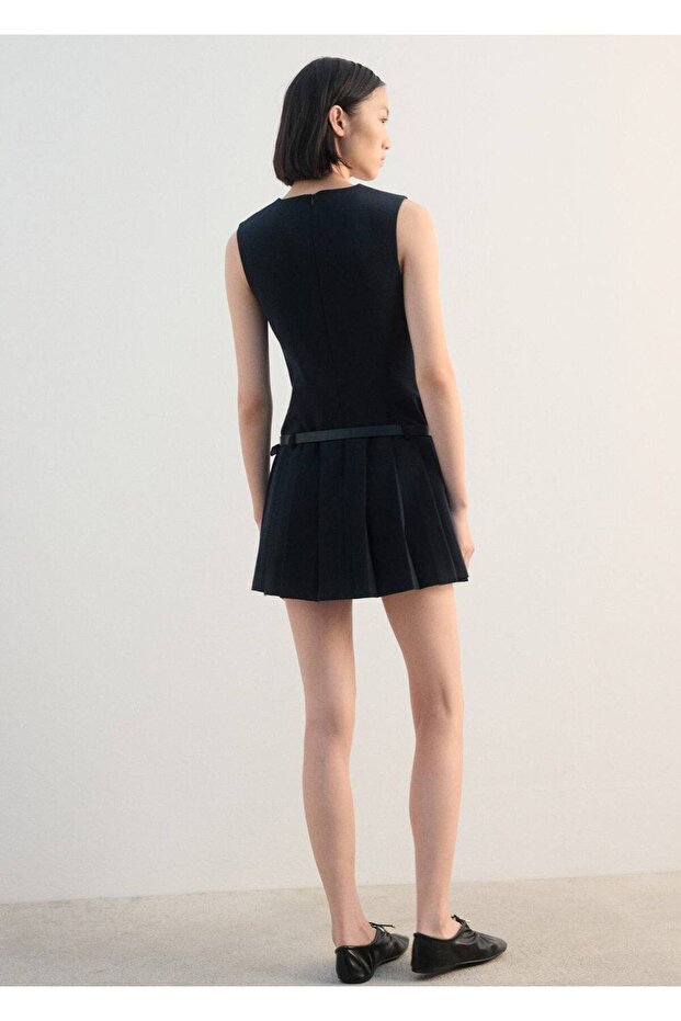 Pileli kemerli elbise - 4