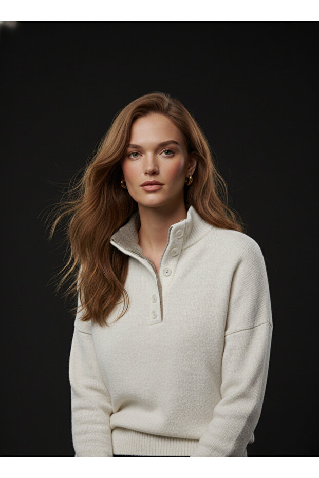 Women's Cream-Mink Oversized 2-Patch Buttoned Sweater
