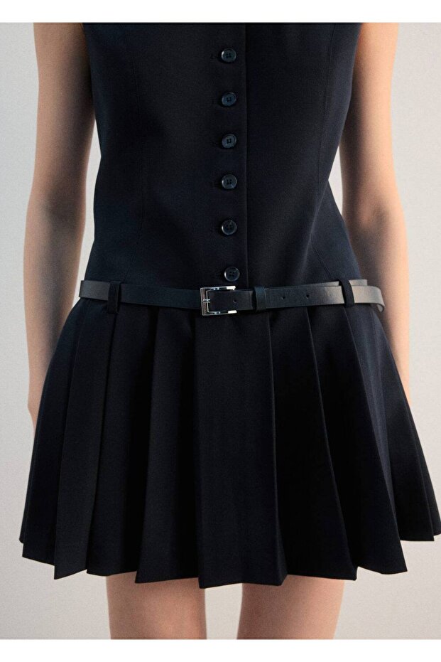 Pileli kemerli elbise - 1