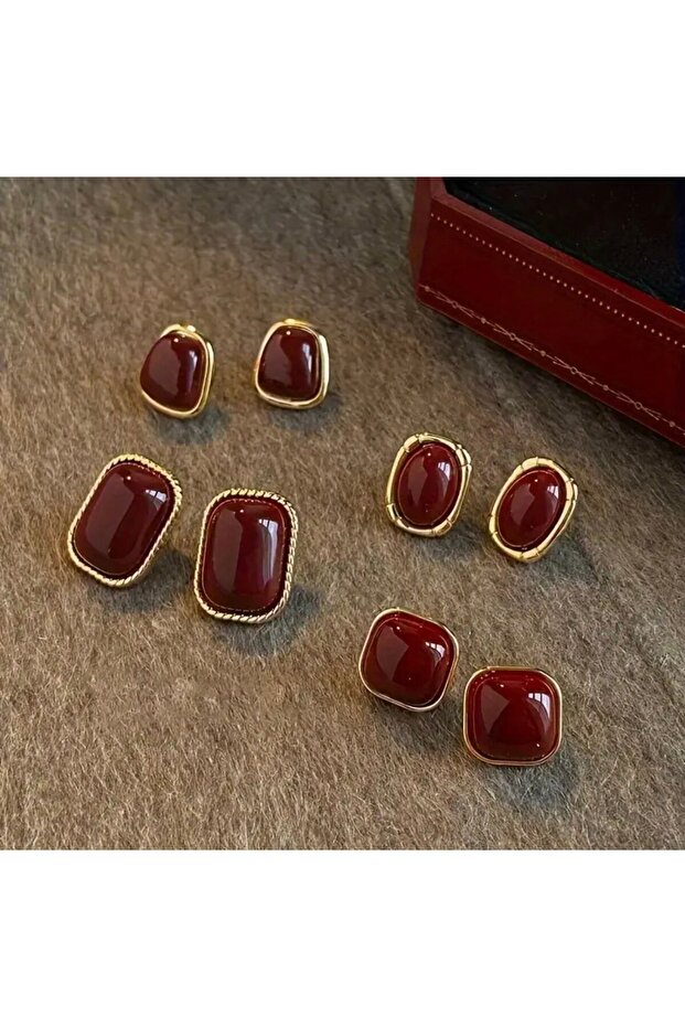 Burgundy Earring Set 4-Piece Elegant Women's Earrings