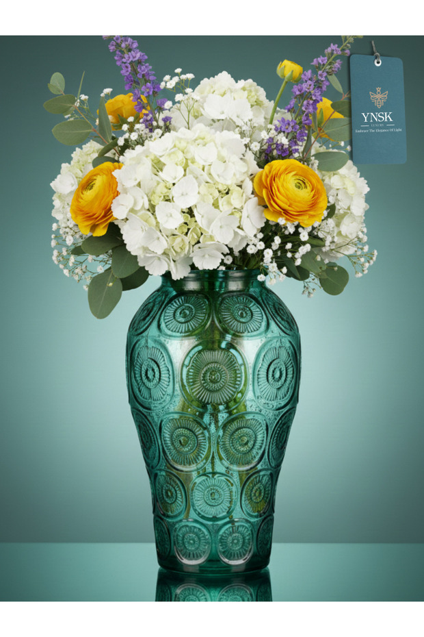 Luxury |   Petal |   Imported Decorative Glass Vase with Embossed Pattern |   15X15X25 cm