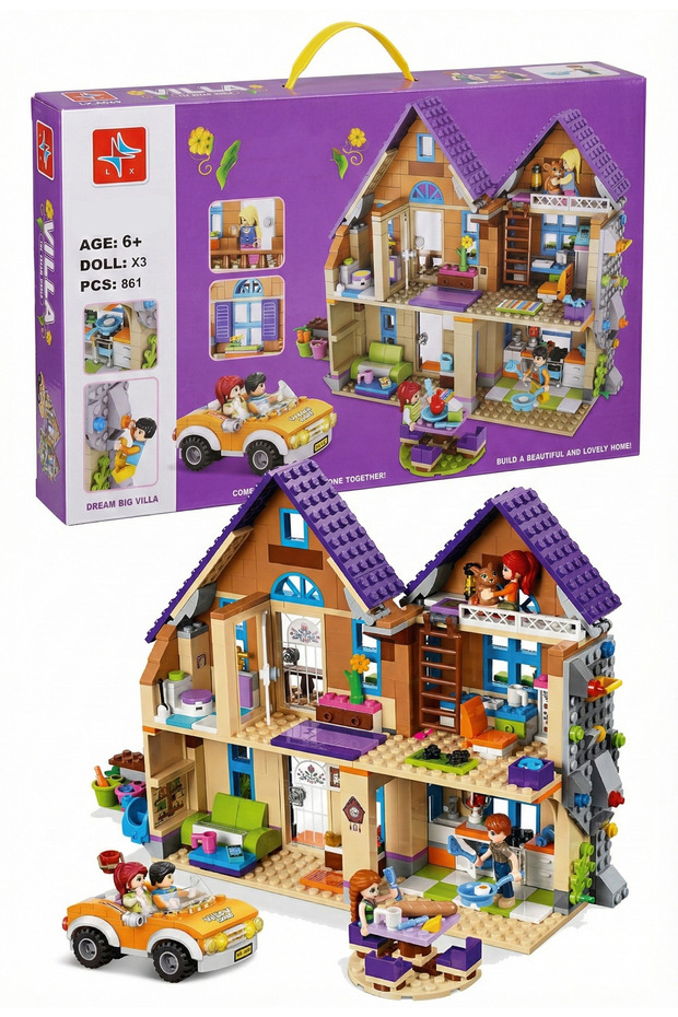861 Pcs Villa Building Kit with 3 Mini Dolls, Horse & Car 2-Story House Construction Toy for Kids