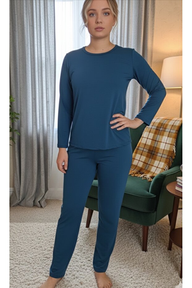 Viscose Knitted Crew Neck Long Sleeve Pants Pajama Set