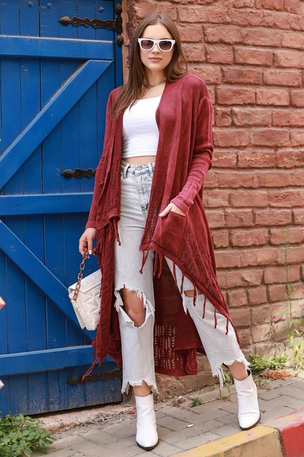 Women's Unlined Distressed Detailed Casual Cotton Knitwear Long Cardigan Cap