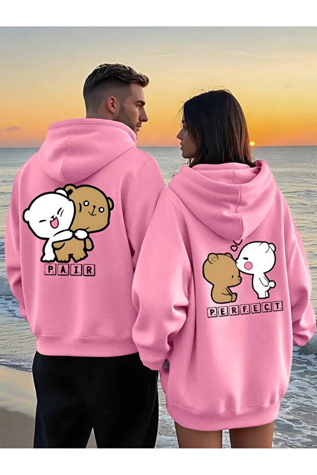 Sevgili Kombin Hoodie Couple Sweatshirt - Special for Couples with Teddy Bear Print Pair Perfect Pink