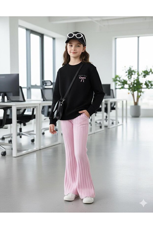 Girl Corded Fabric Fabric Flared Pants and Sweatshirt