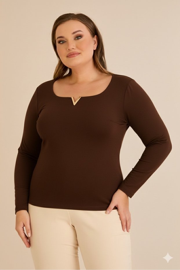 Women's Plus Size Square V Hollow Neck Metal Accessory Long Sleeve Stretchy Crepe Blouse
