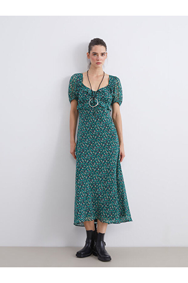 Esvab • Modern & Distinctive Heart Roba Collar Floral Balloon Sleeve Dress