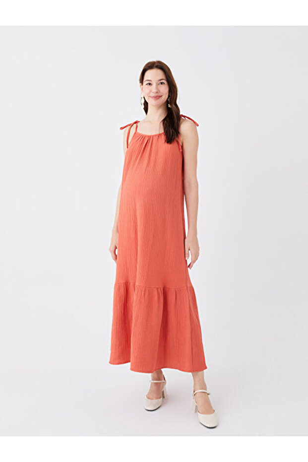 U-Neck Straight Strap Muslin Maternity Dress