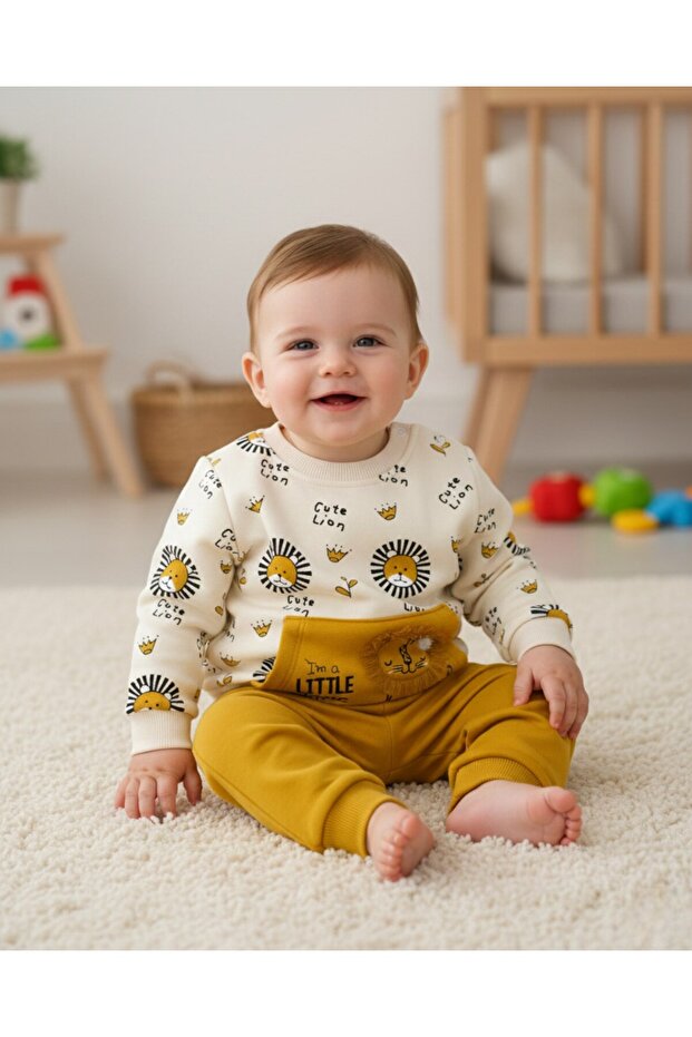 Baby Boy Lion Embroidered Winter 3-Thread Set Fleece-Lined 6-9-12-18-24 Months Top and Bottom Baby Set