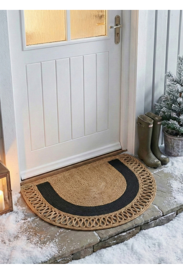 Jute Door Mat Decorative Braided-Edged Striped Half-Moon Mat Entrance Bathroom Kitchen Rug