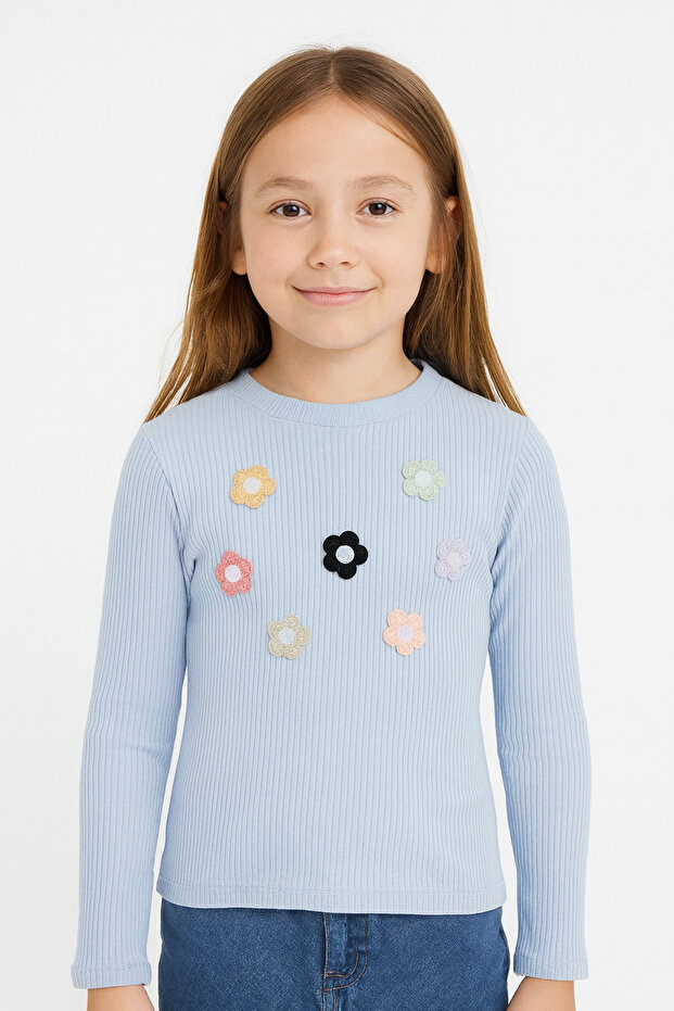 Flowery Ka Ribbed Knit Weat for Ages 05-14 - Blue