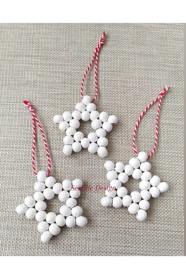 Wooden Beaded Star - White 3 pcs