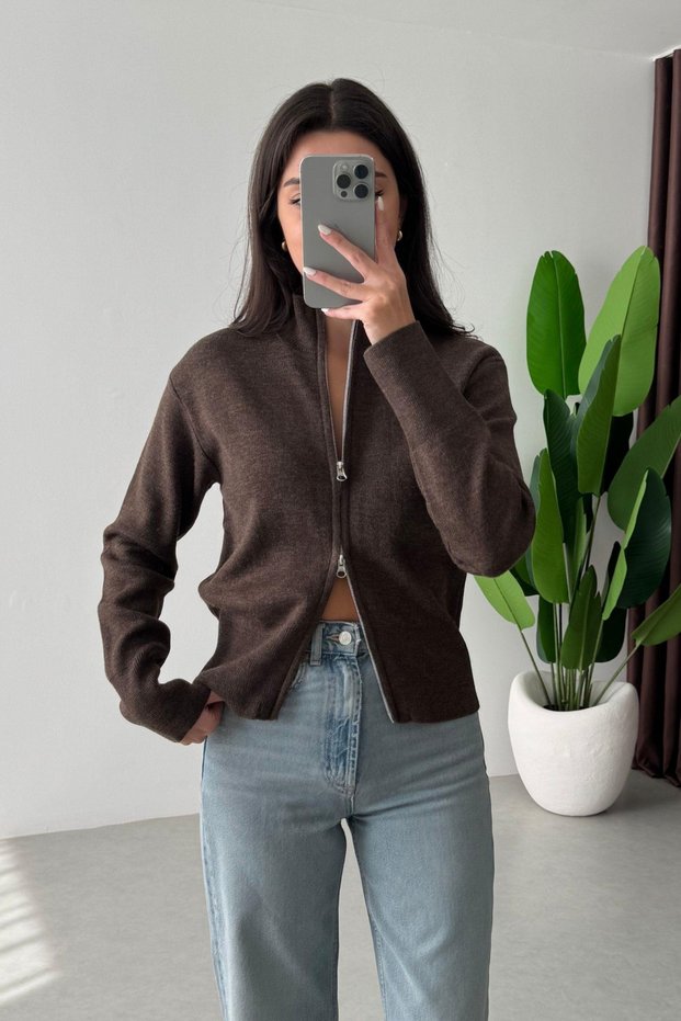 Brown 100% Cotton Zippered Knitwear Cardigan - 0657