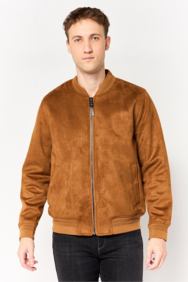 Men Solid Puffer Jacket, Brown