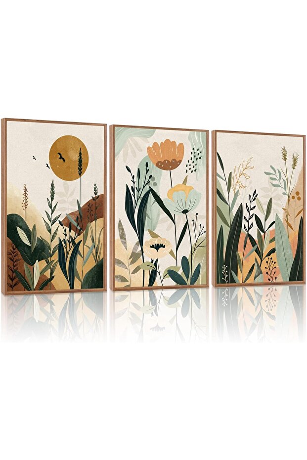 Signtouch Neutral Floral Botanical Wall Art 3-Piece Wooden Frame 50x70 cm