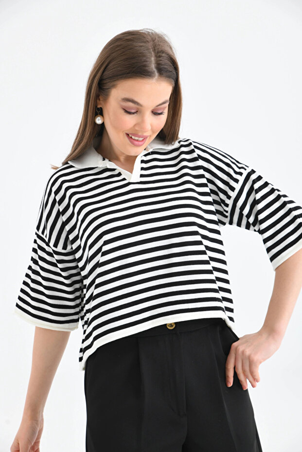 Women's Polo Neck Short Sleeve Striped Knit Sweater 10097