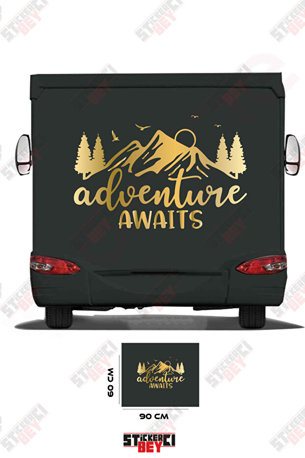 Adventure Awaits Written on the Caravan Sticker with Mountain and Tree Images