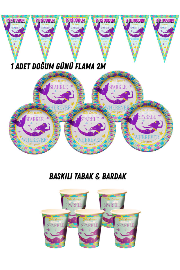 Mermaid 40-Person Plate, Cup, Pennant Flag Birthday Set