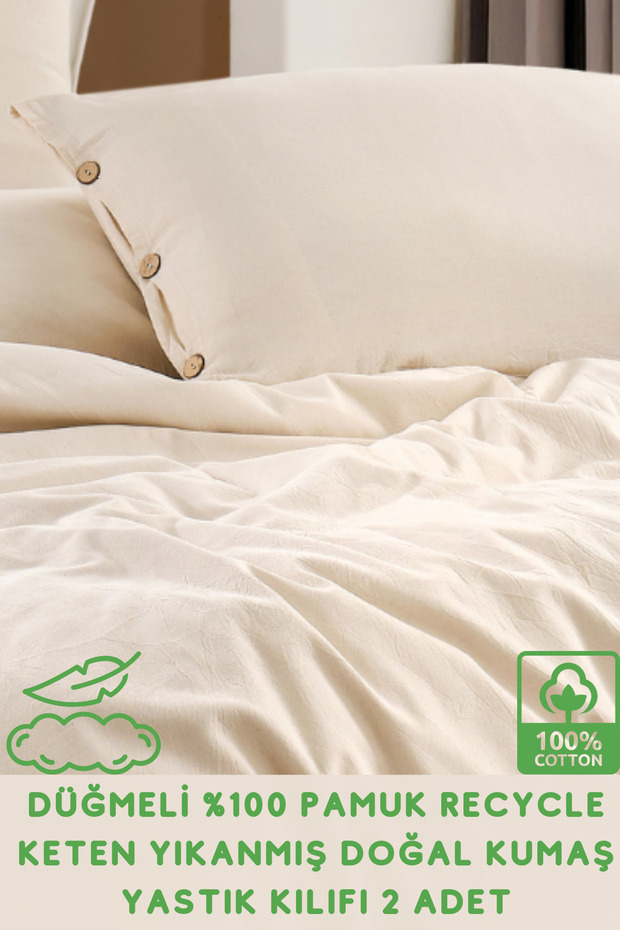 Buttoned Pillowcase Natural Ecru 100% Cotton Recycled Linen Washed Natural Fabric 50 X 70 cm 2 Pieces