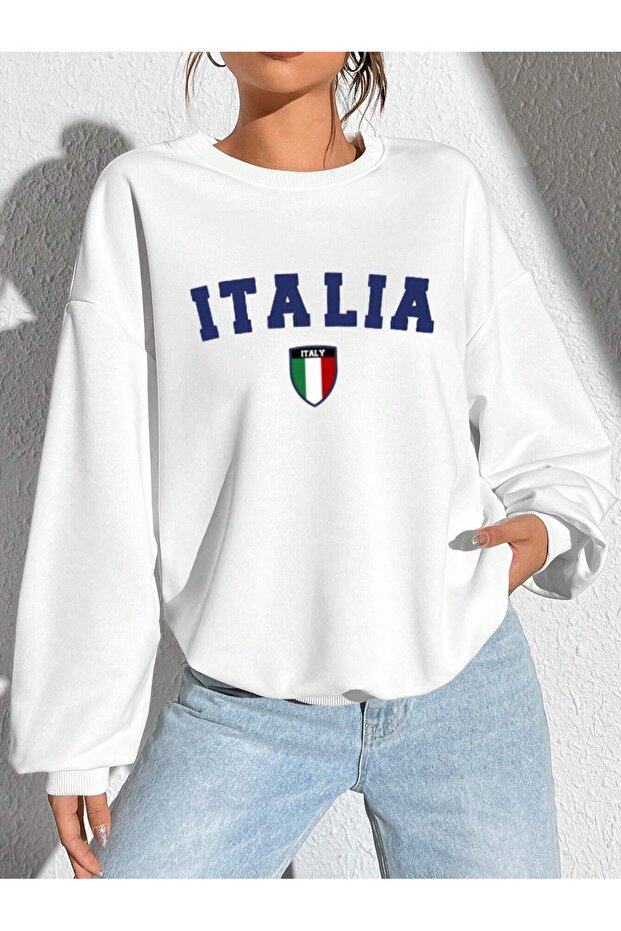 سويت شيرت نسائي أبيض اللون من Italia B مطبوع O قصة فضفاضة برقبة دائرية